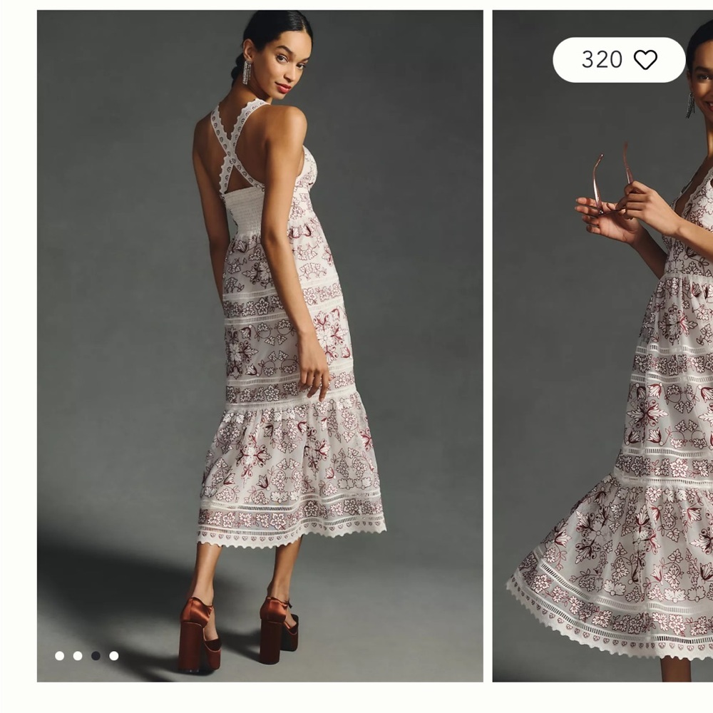Anthropologie Embroidered Halter Midi Dress White & Burgundy Floral Size M - Picture 2 of 10